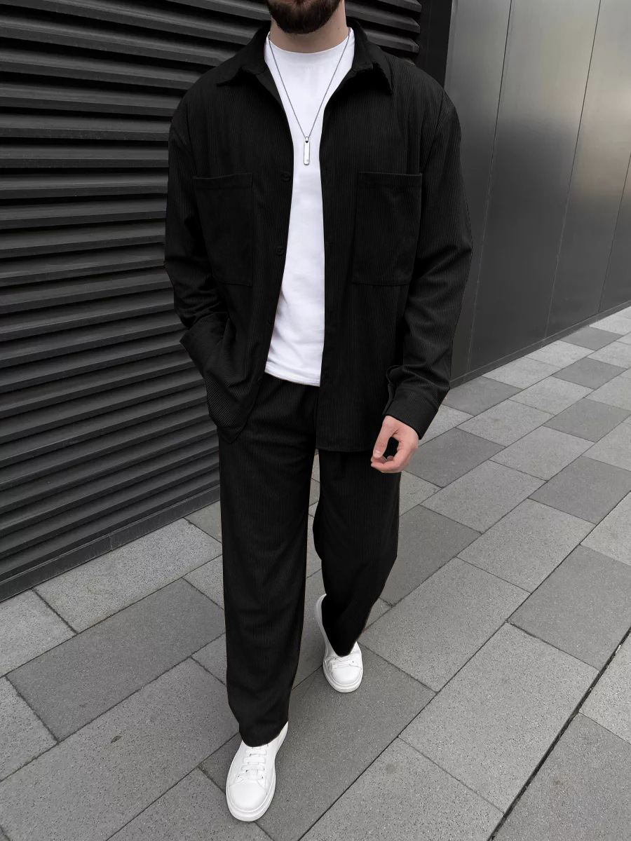 Mens Fashion Casual Outfits - Men's corduroy two-piece outfit: long-sleeved button-down