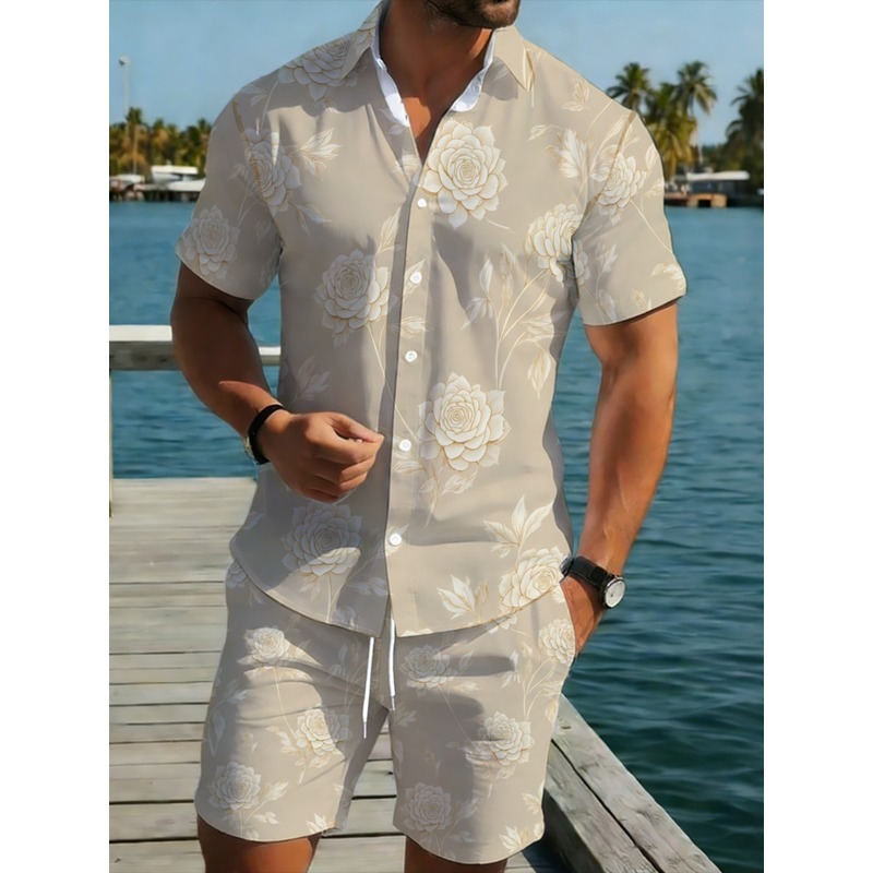 Mens Fashion Casual Outfits - Men's Summer Polyester Floral Shirt Shorts
