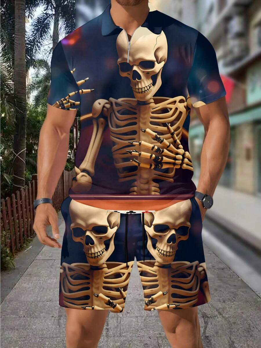 3D Skull Skeleton Bullet Print - đánh giá và giá Men'S Fashion Polo Shirt