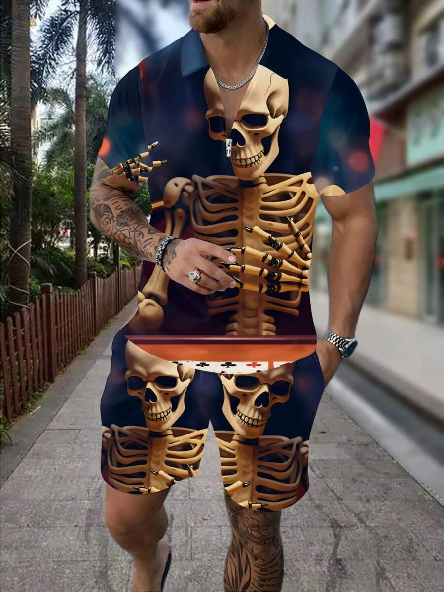 3D Skull Skeleton Bullet Print - đánh giá và giá Men'S Fashion Polo Shirt